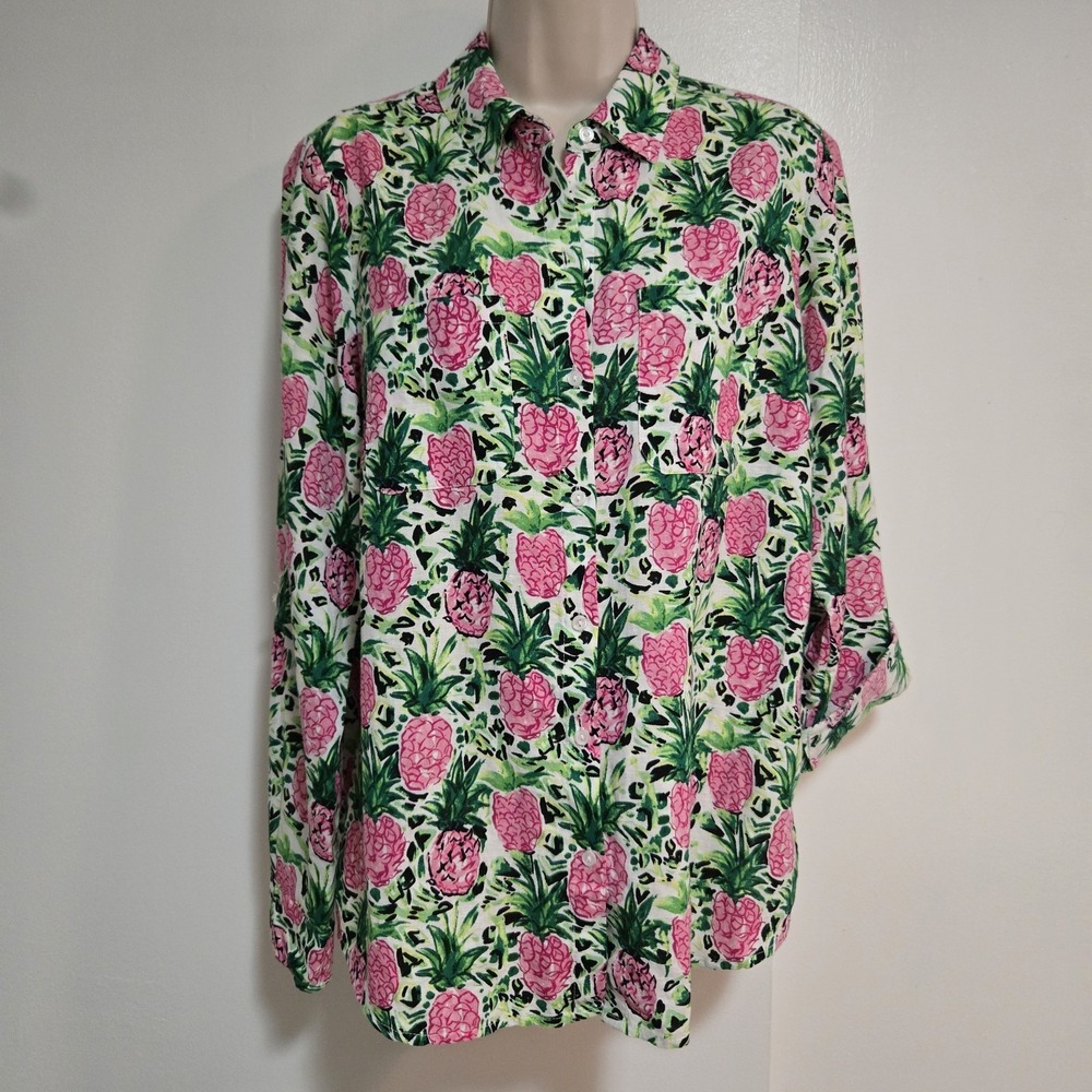 Charter Club Size M Multi Linen Pockets Blouse Pineapple Cottagecore‎ Peasant